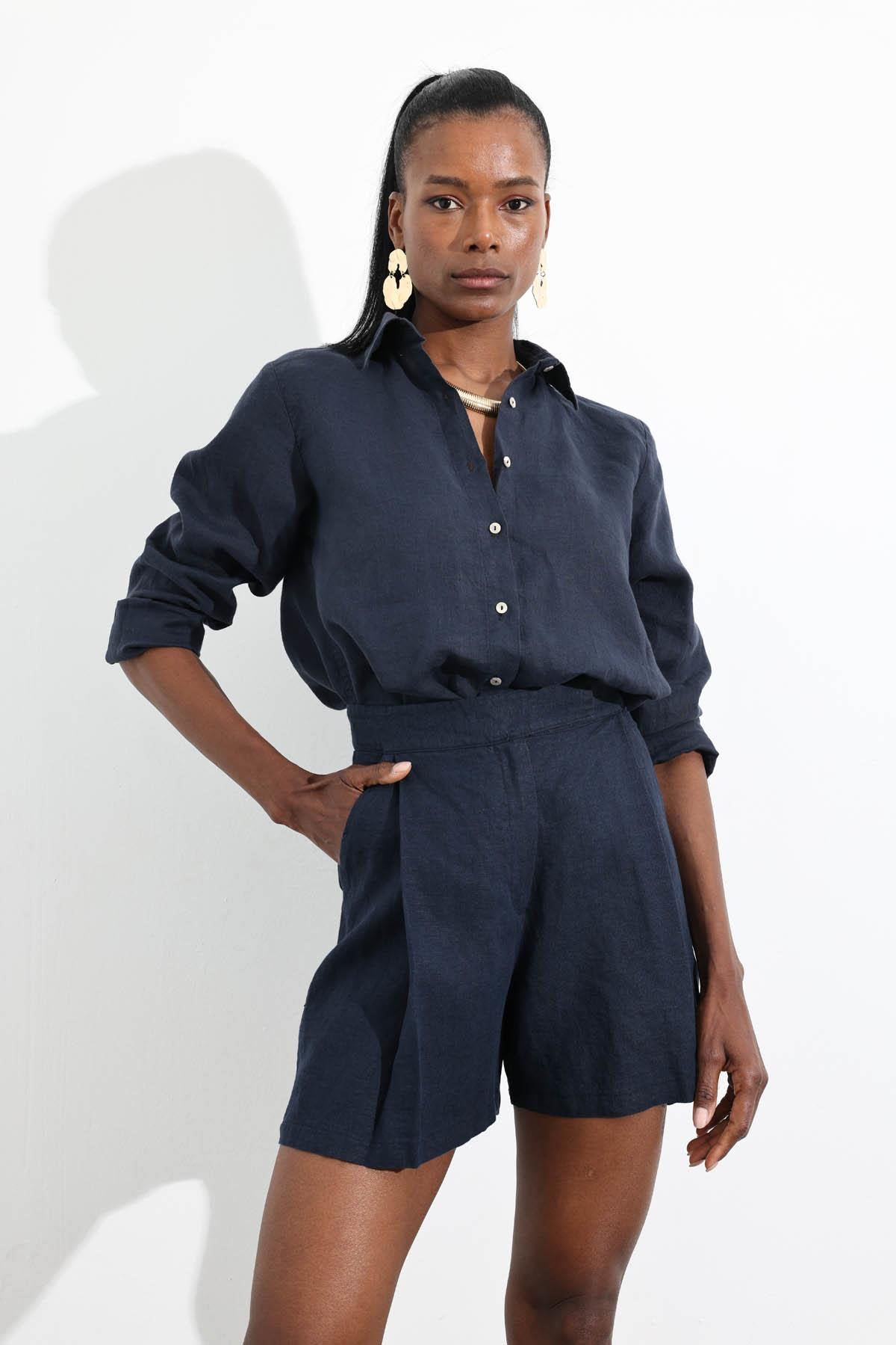 Lacivert %100 Keten Klasik Şort 