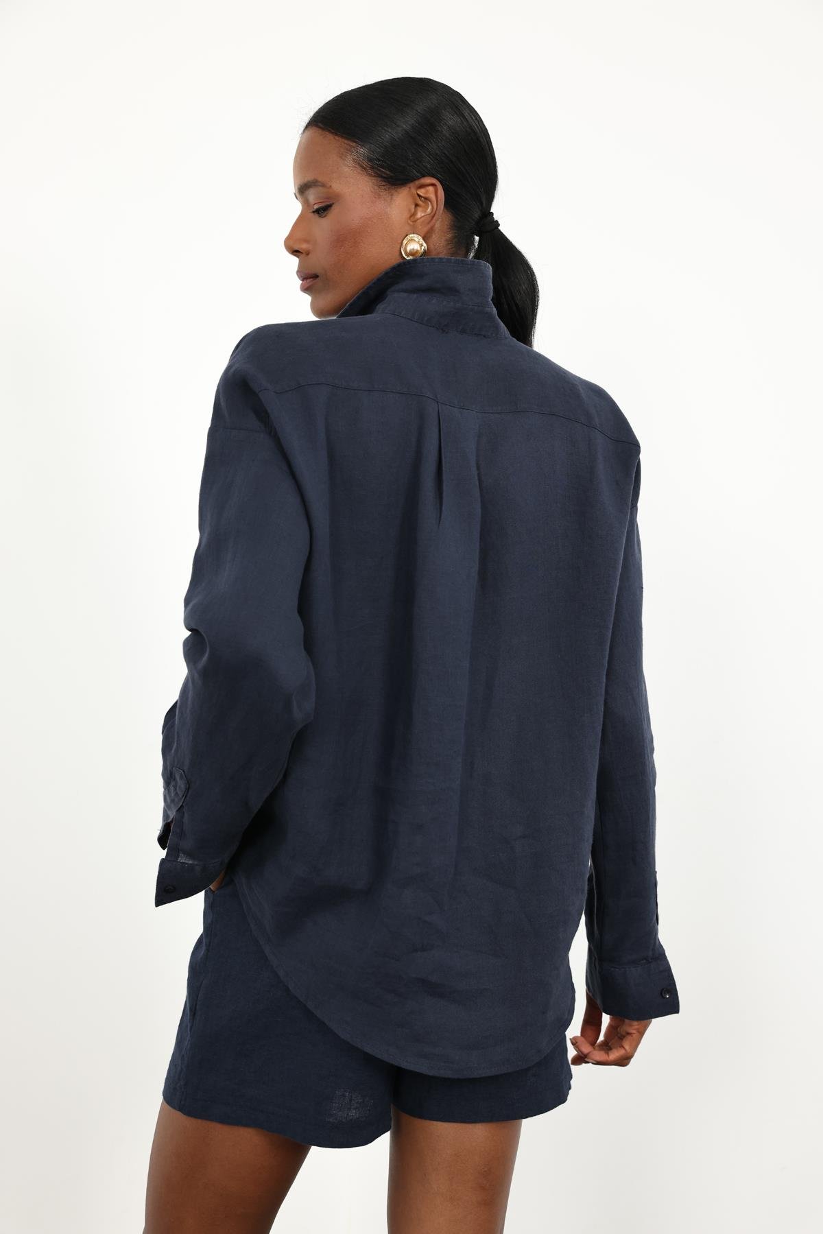 Lacivert %100 Keten Oversize Gömlek 