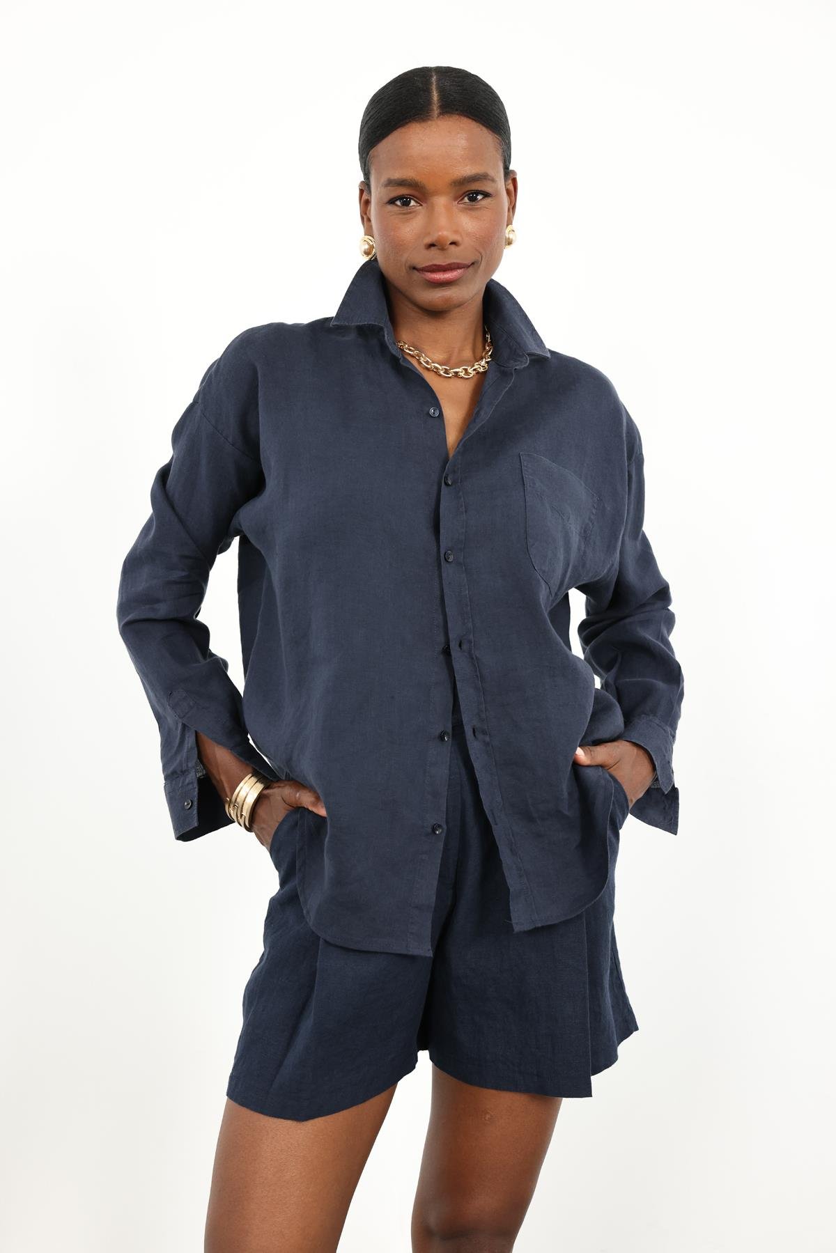 Lacivert %100 Keten Oversize Gömlek 