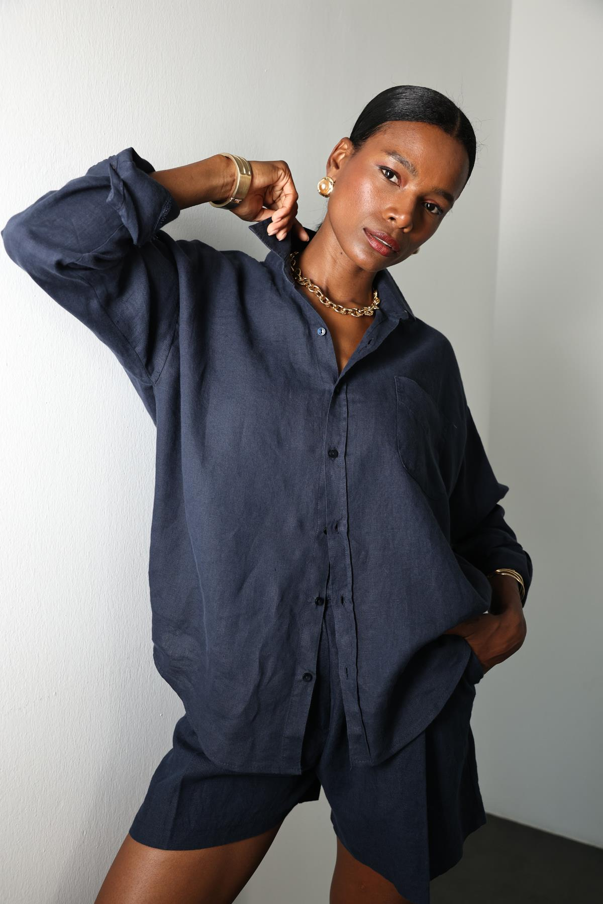 Lacivert %100 Keten Oversize Gömlek 