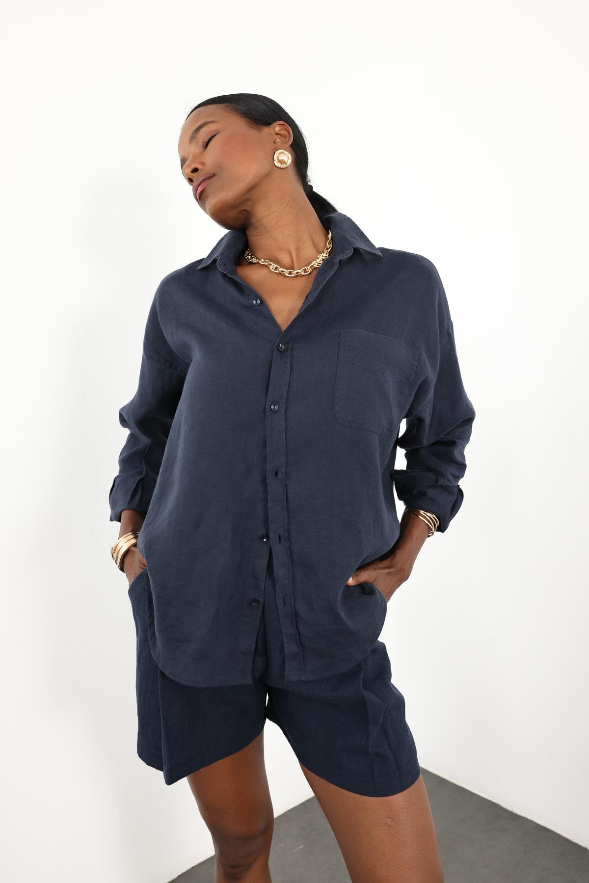 Lacivert %100 Keten Oversize Gömlek 