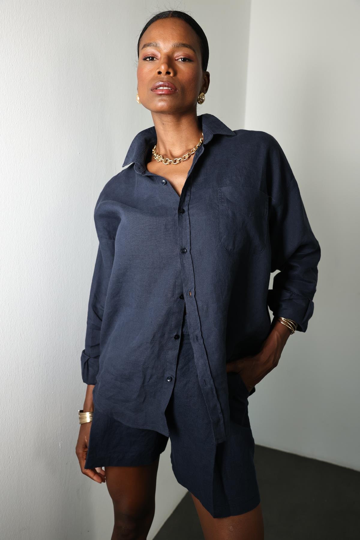 Lacivert %100 Keten Oversize Gömlek 