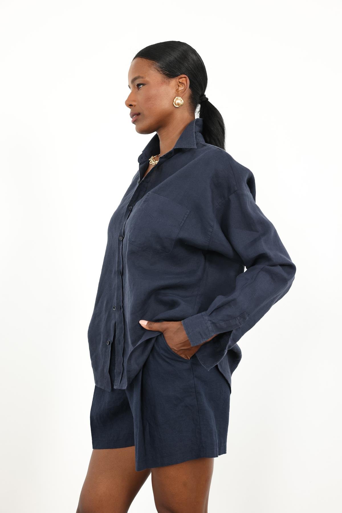 Lacivert %100 Keten Oversize Gömlek 