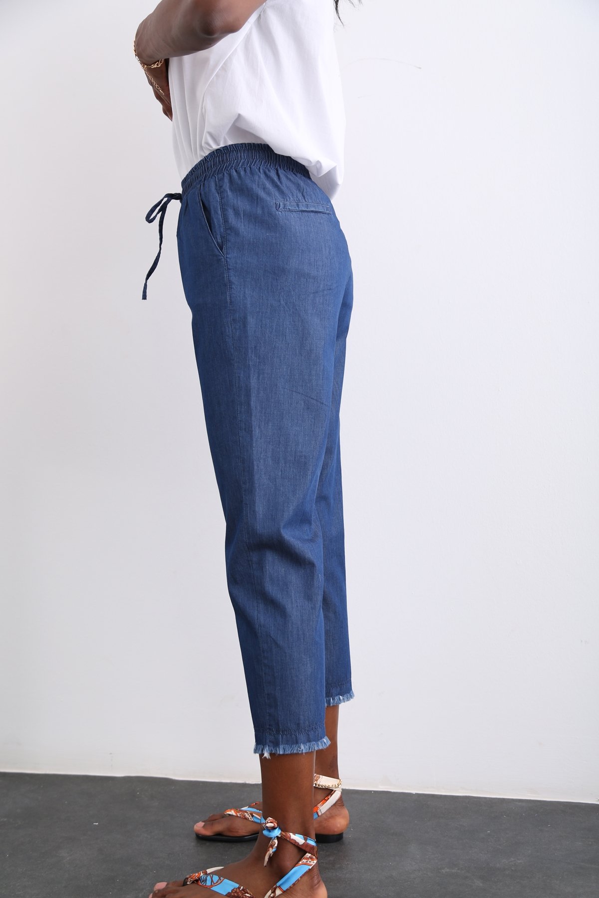 Lacivert Beli Bağcıklı Cepli Pantolon 