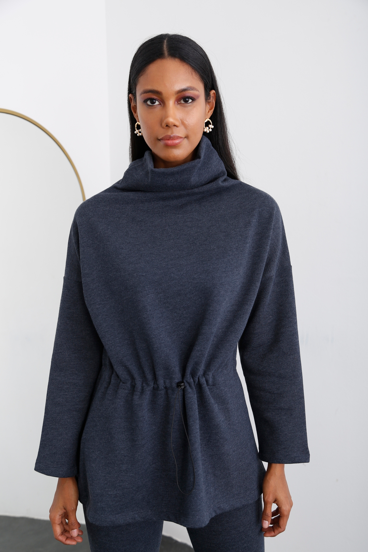 Lacivert Beli Büzgülü Balıkçı Sweatshirt 