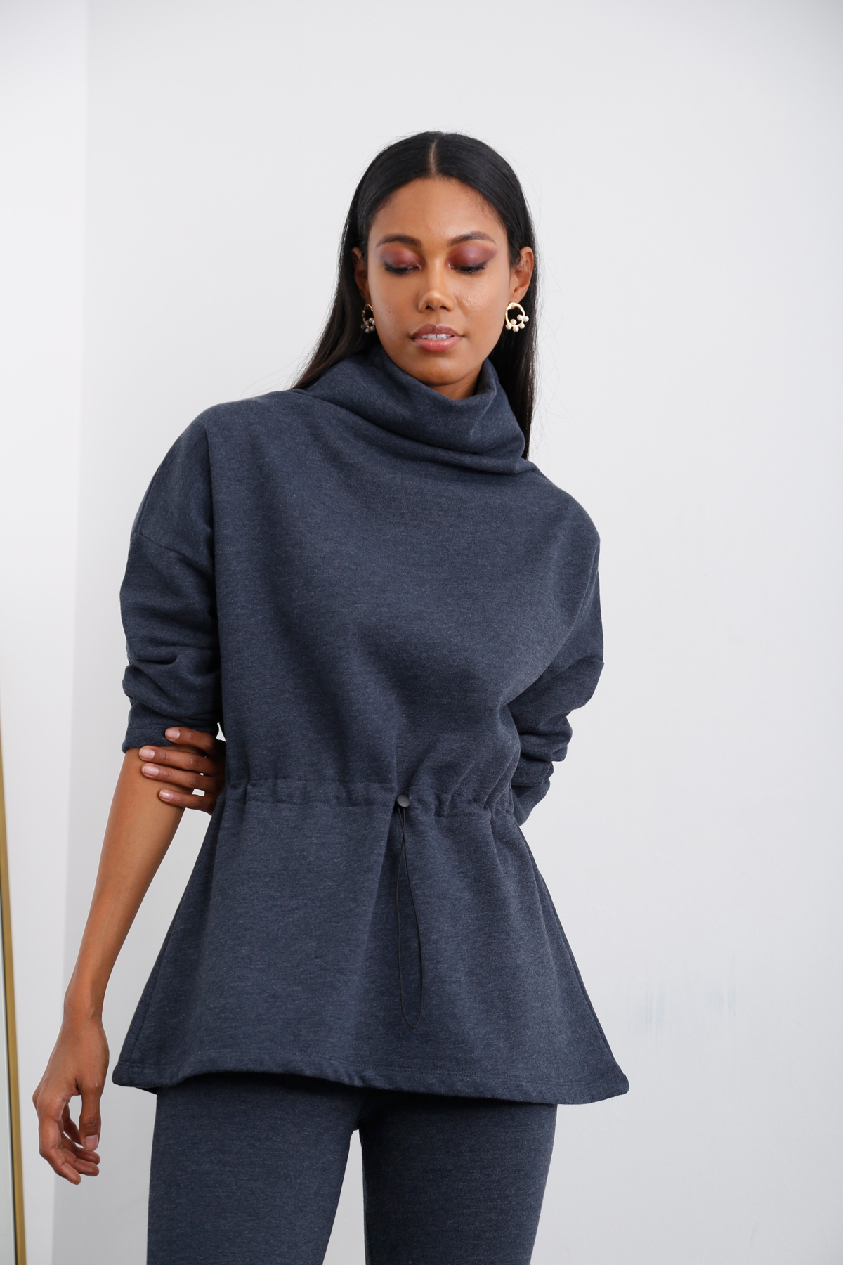 Lacivert Beli Büzgülü Balıkçı Sweatshirt 