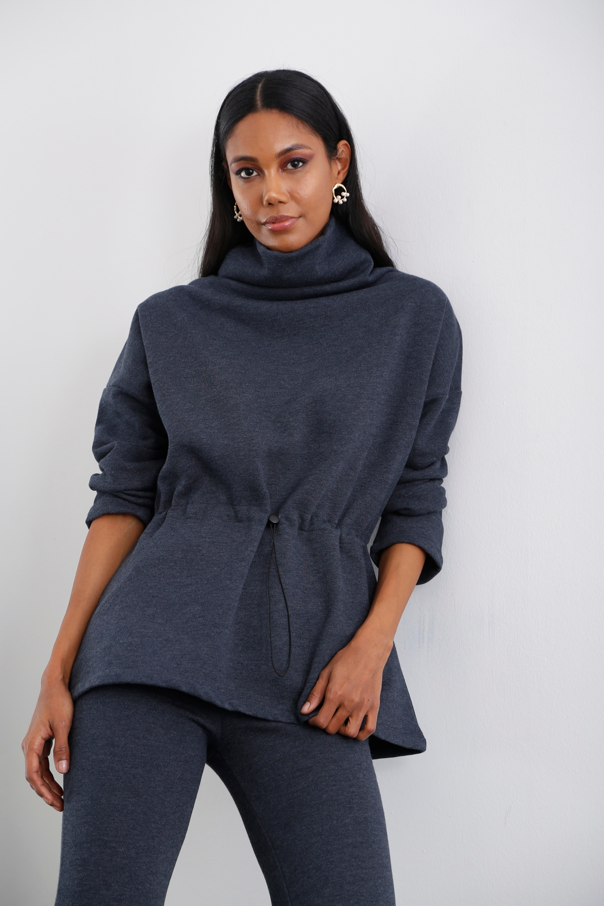 Lacivert Beli Büzgülü Balıkçı Sweatshirt 