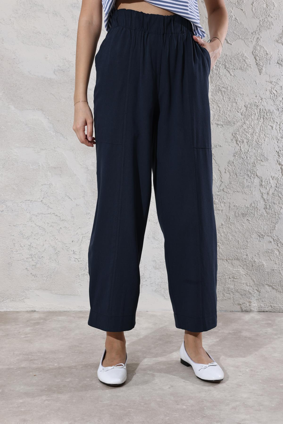 Lacivert Beli Lastikli Keten Pantolon 1557