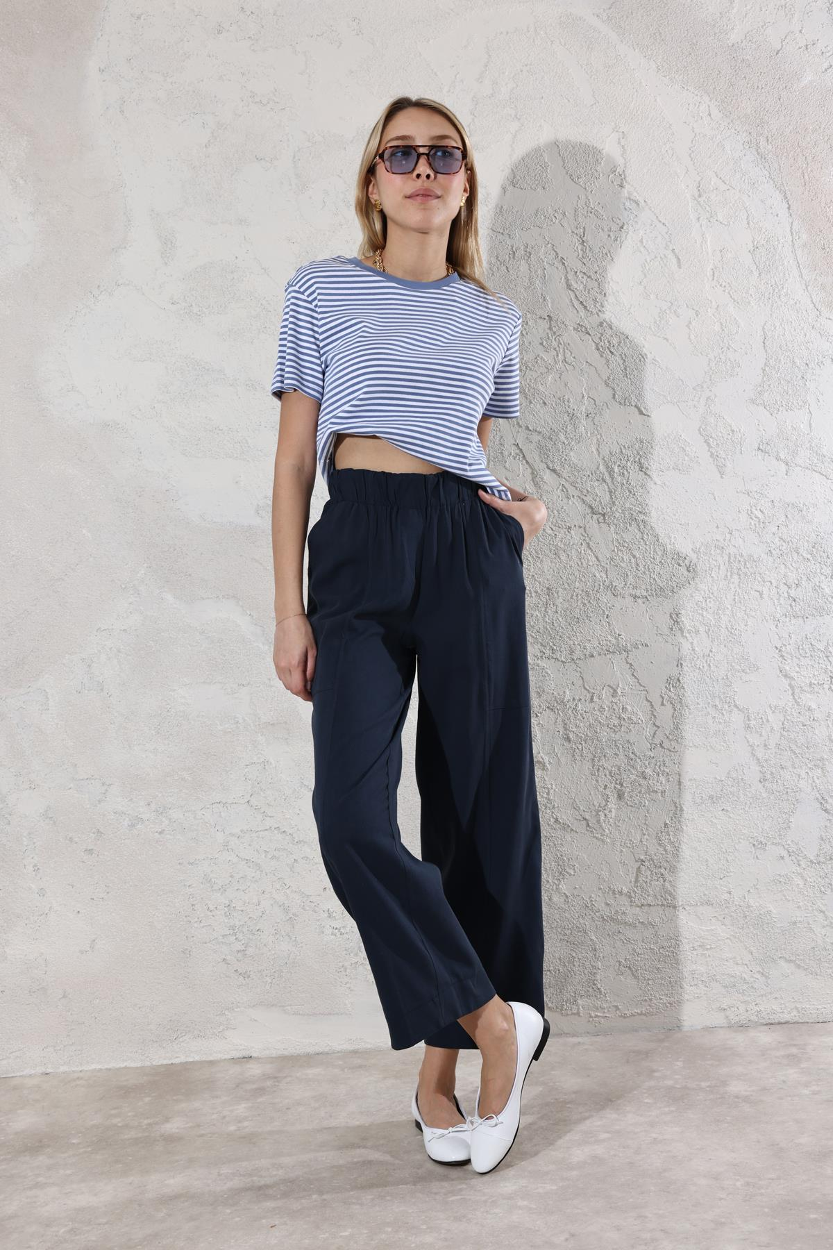 Lacivert Beli Lastikli Keten Pantolon 1557