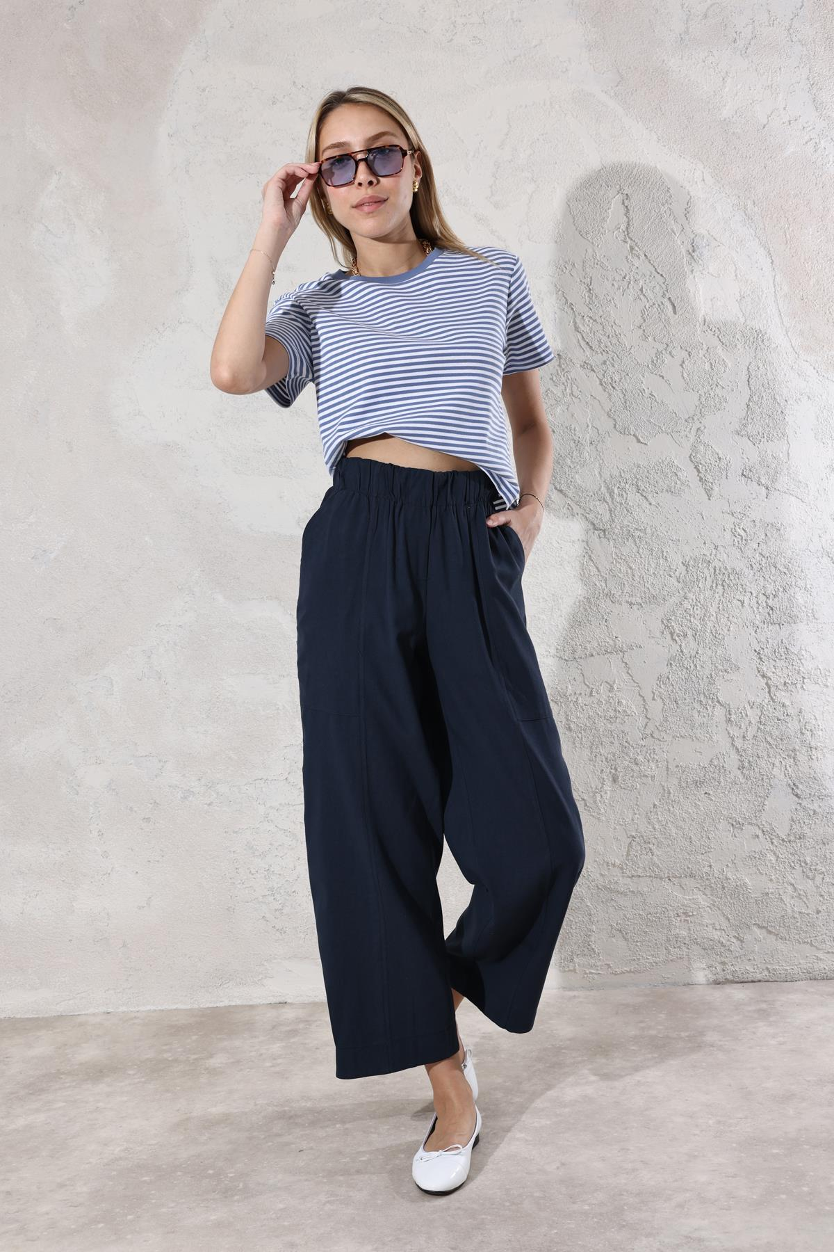 Lacivert Beli Lastikli Keten Pantolon 1557
