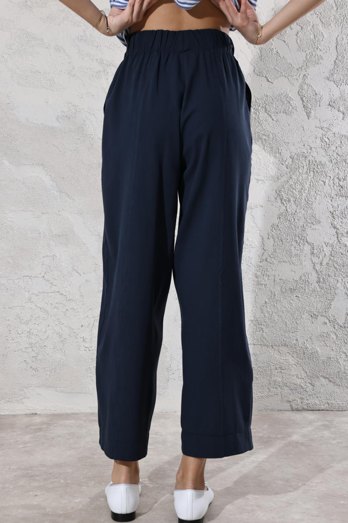 Lacivert Beli Lastikli Keten Pantolon 1557