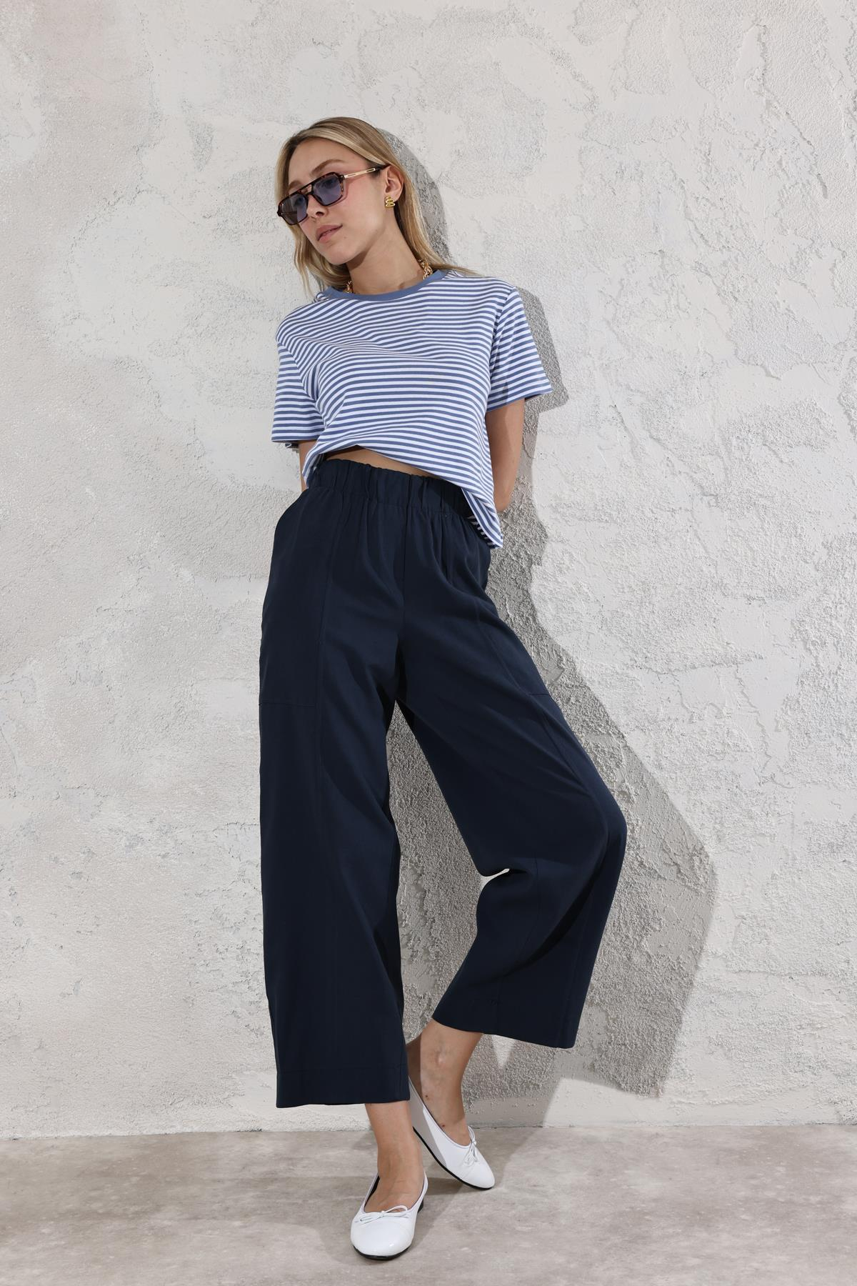 Lacivert Beli Lastikli Keten Pantolon 1557