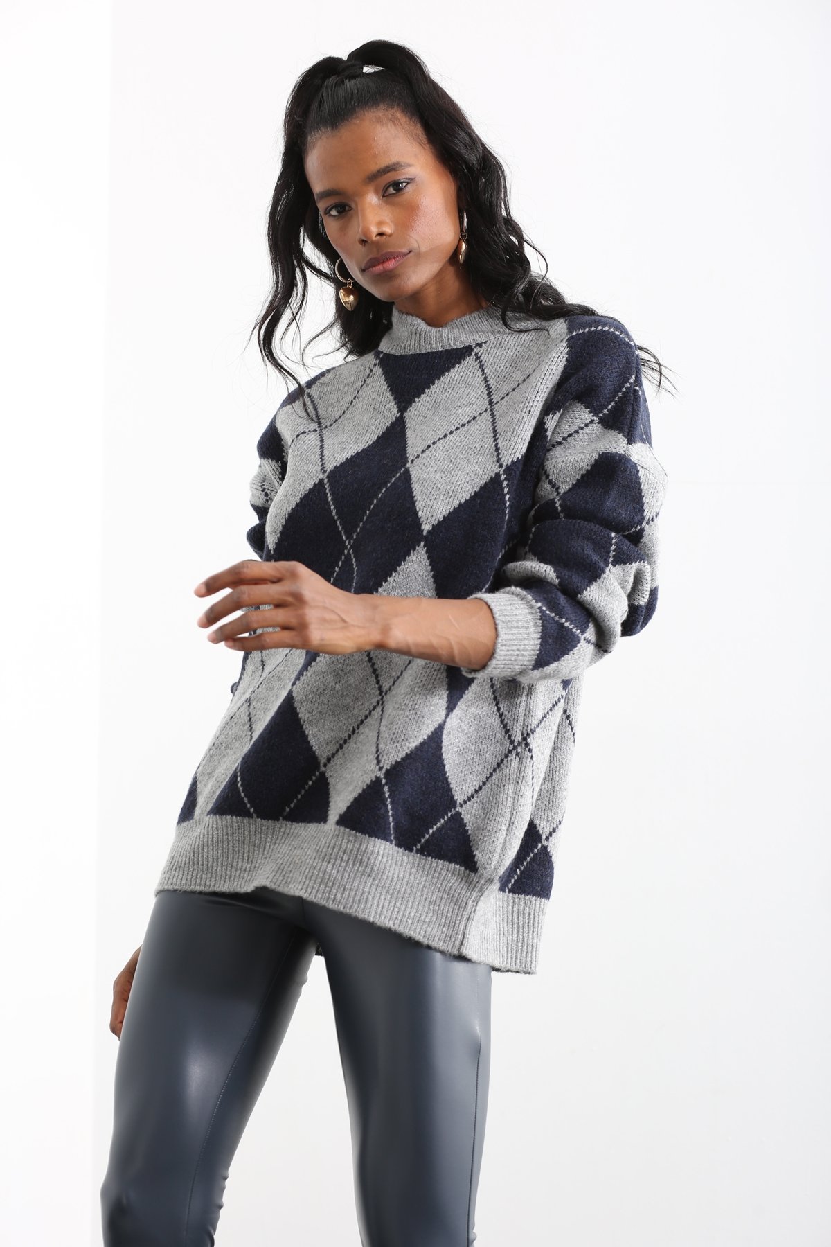 Lacivert Bisiklet Yaka Baklava Desenli Kazak 0593