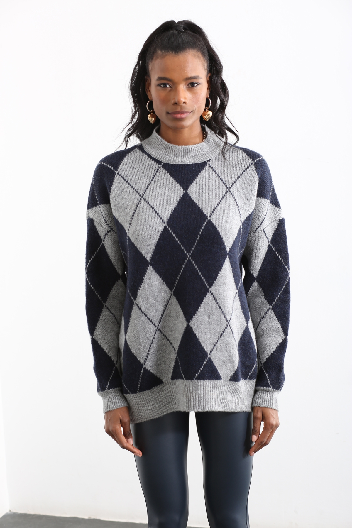 Lacivert Bisiklet Yaka Baklava Desenli Kazak 0593