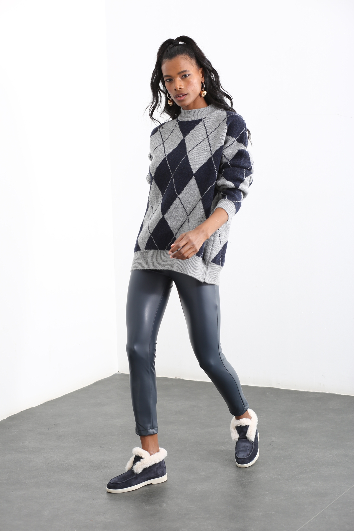 Lacivert Bisiklet Yaka Baklava Desenli Kazak 0593