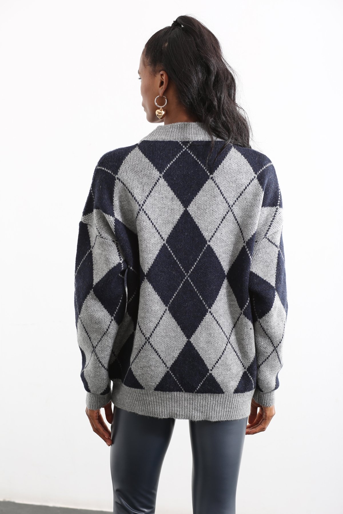 Lacivert Bisiklet Yaka Baklava Desenli Kazak 0593