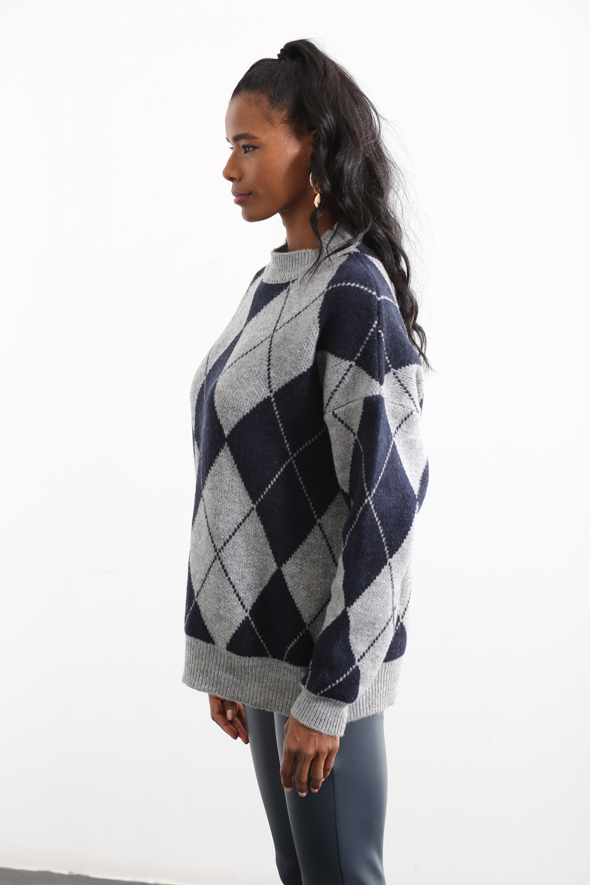 Lacivert Bisiklet Yaka Baklava Desenli Kazak 0593