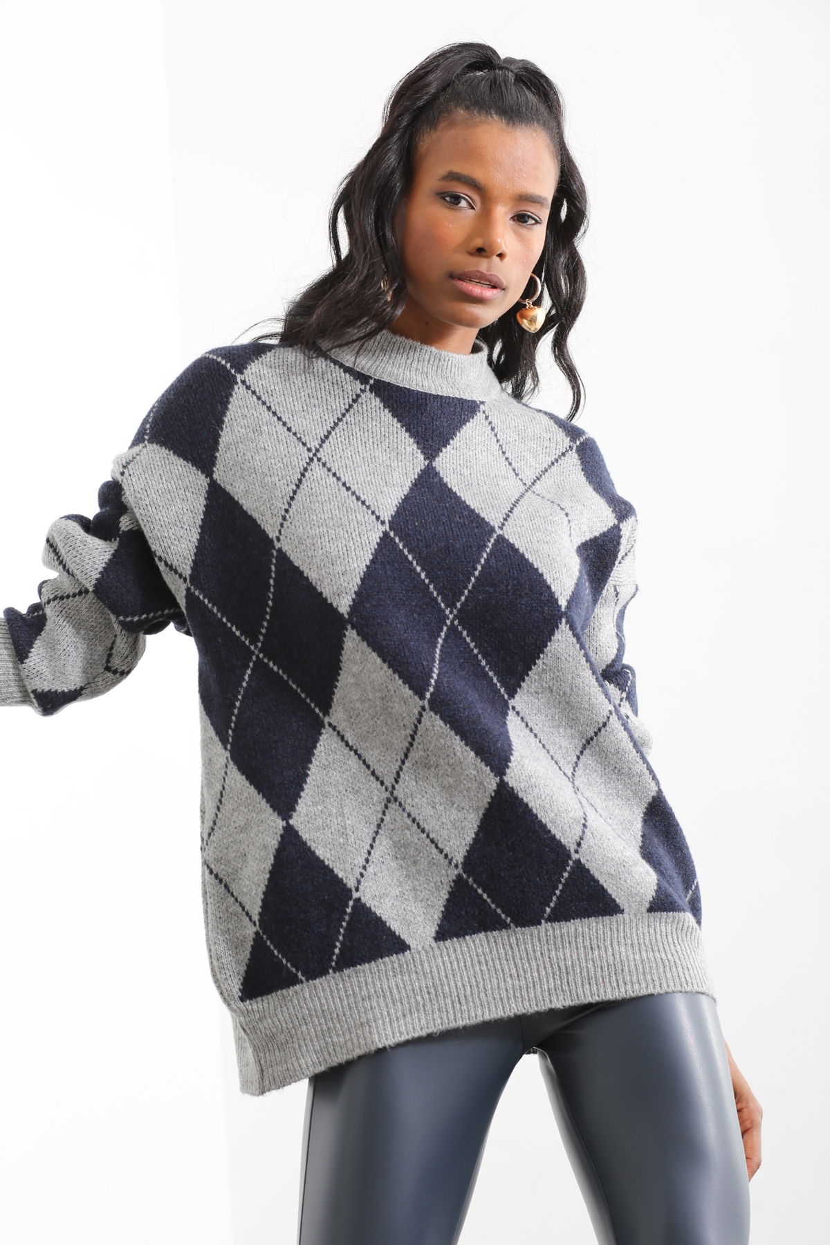 Lacivert Bisiklet Yaka Baklava Desenli Kazak 0593