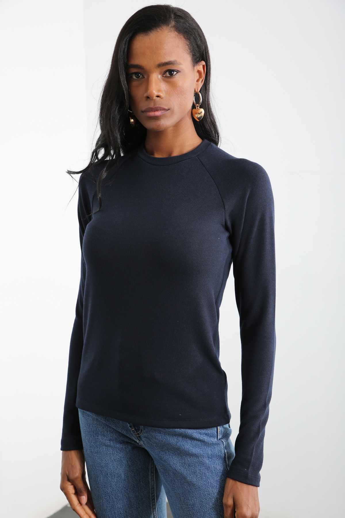 Lacivert Bisiklet Yaka Basic Bluz 