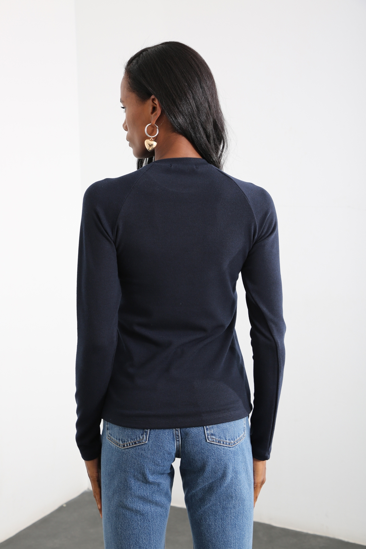 Lacivert Bisiklet Yaka Basic Bluz 