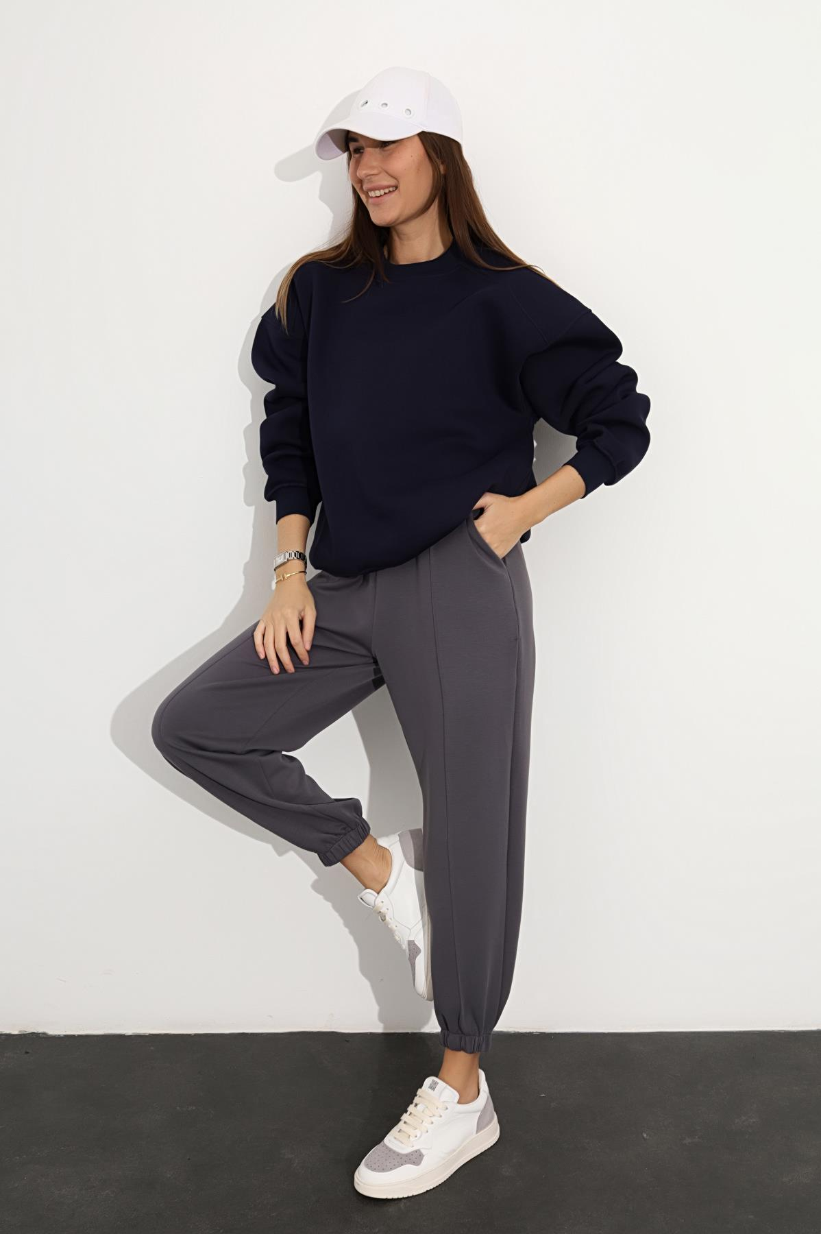 Lacivert Bisiklet Yaka Basic Sweatshirt 3408-23
