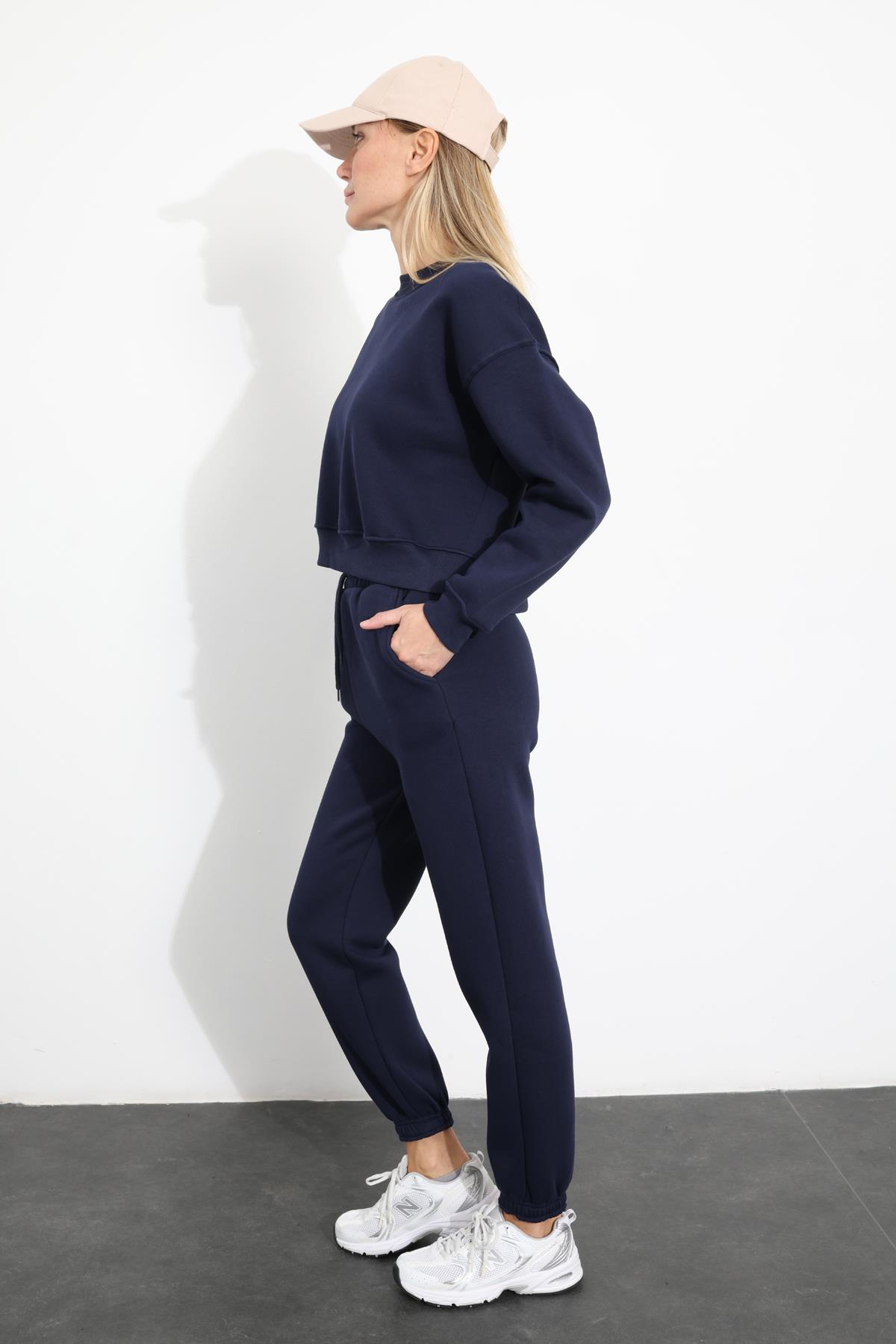 Lacivert Bisiklet Yaka Sweatshirt Eşofman Takım 3710