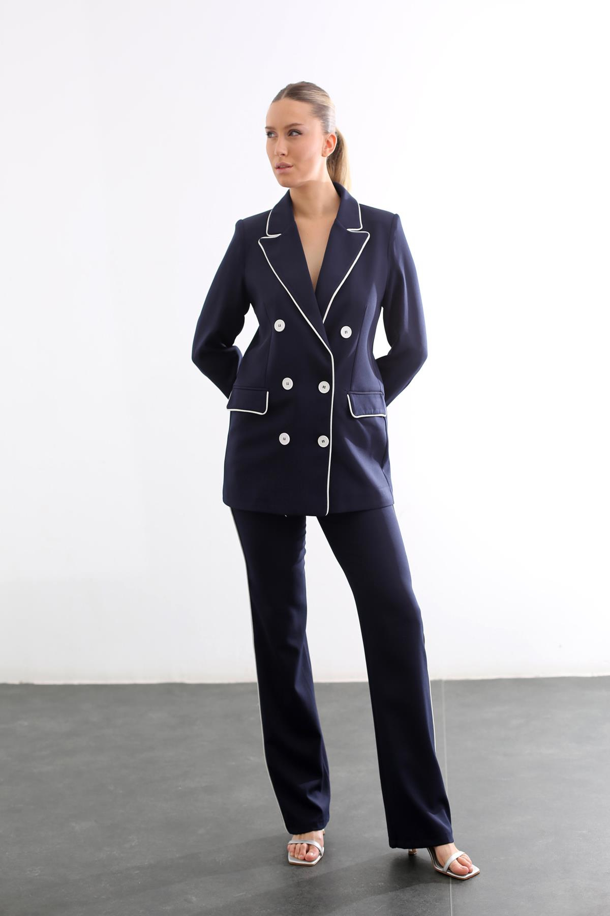 Lacivert Biye Detaylı Blazer Ceket Takım 43935