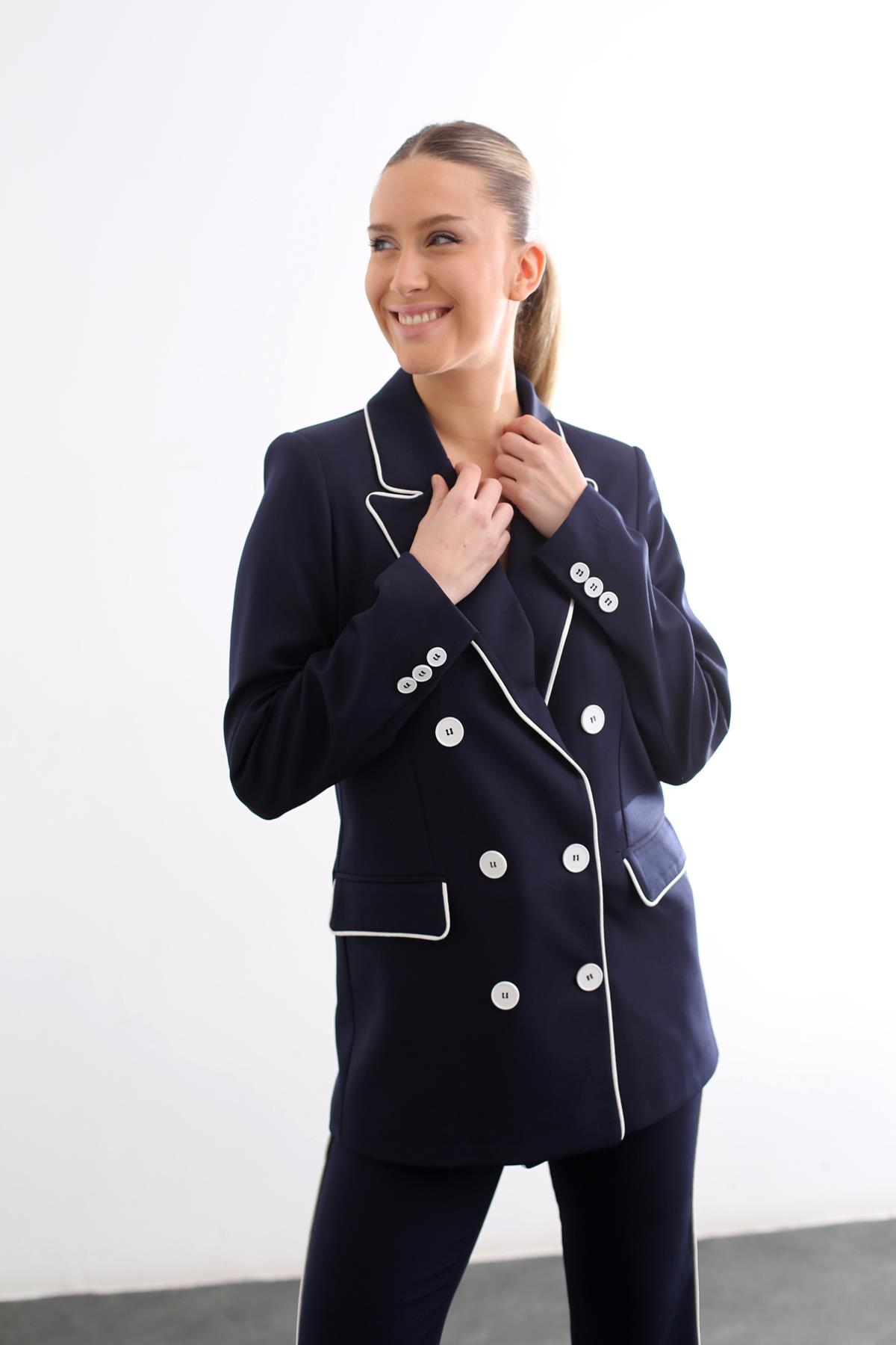 Lacivert Biye Detaylı Blazer Ceket Takım 43935