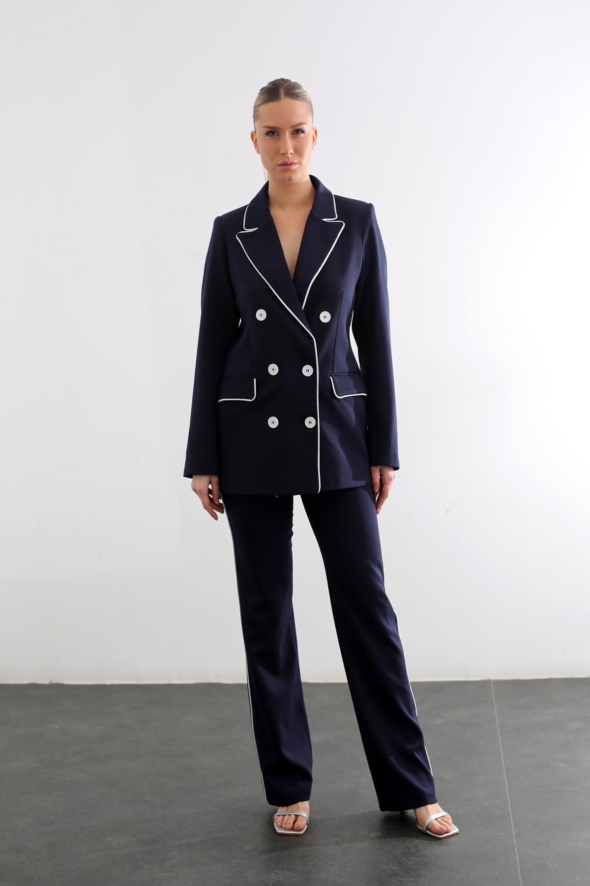 Lacivert Biye Detaylı Blazer Ceket Takım 43935