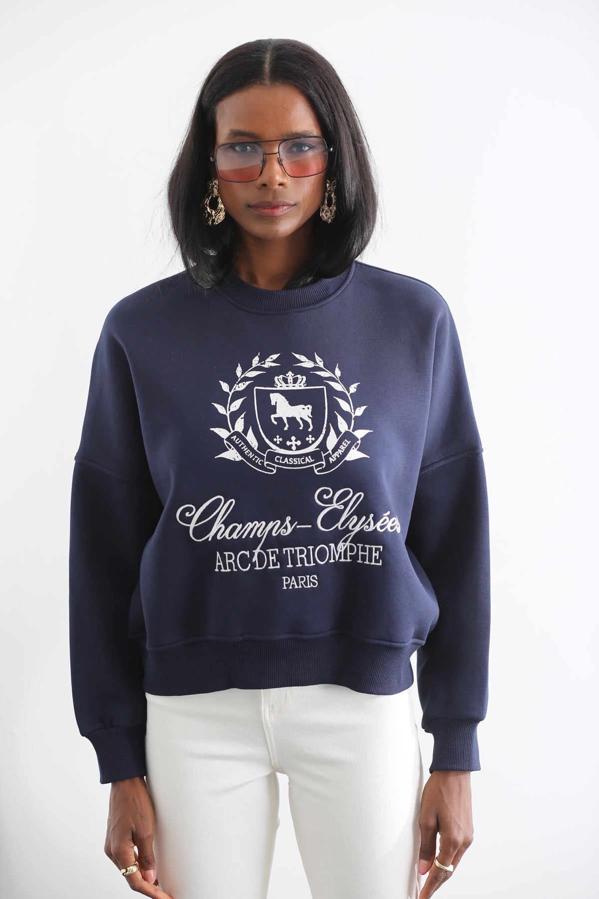Lacivert Champs Baskılı Sweatshirt 13576