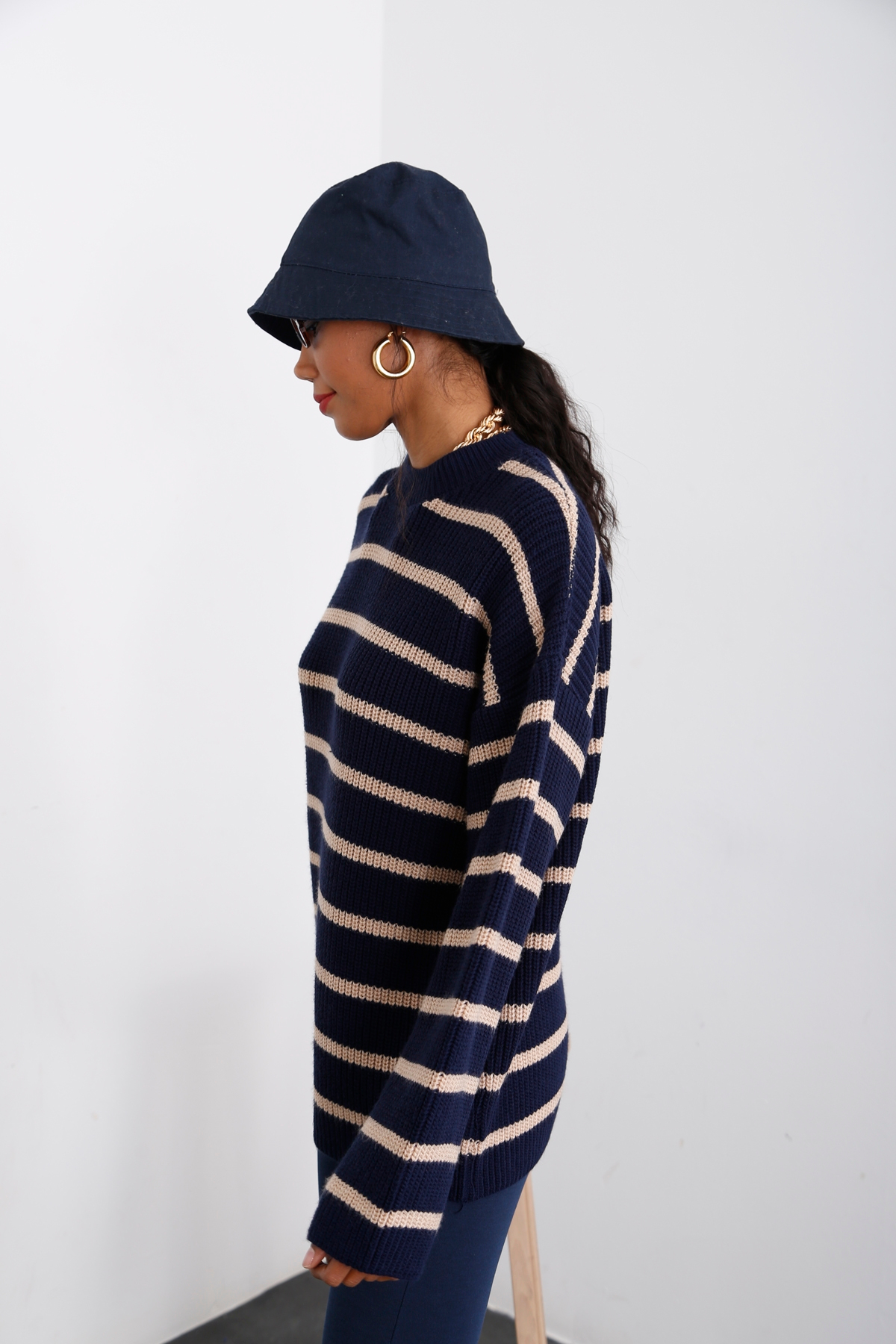 Lacivert Çizgili Oversize Kazak 13398