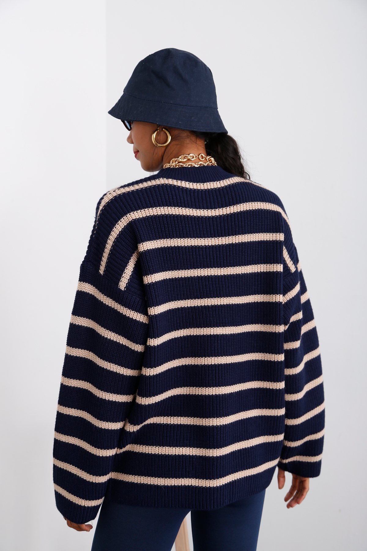 Lacivert Çizgili Oversize Kazak 13398