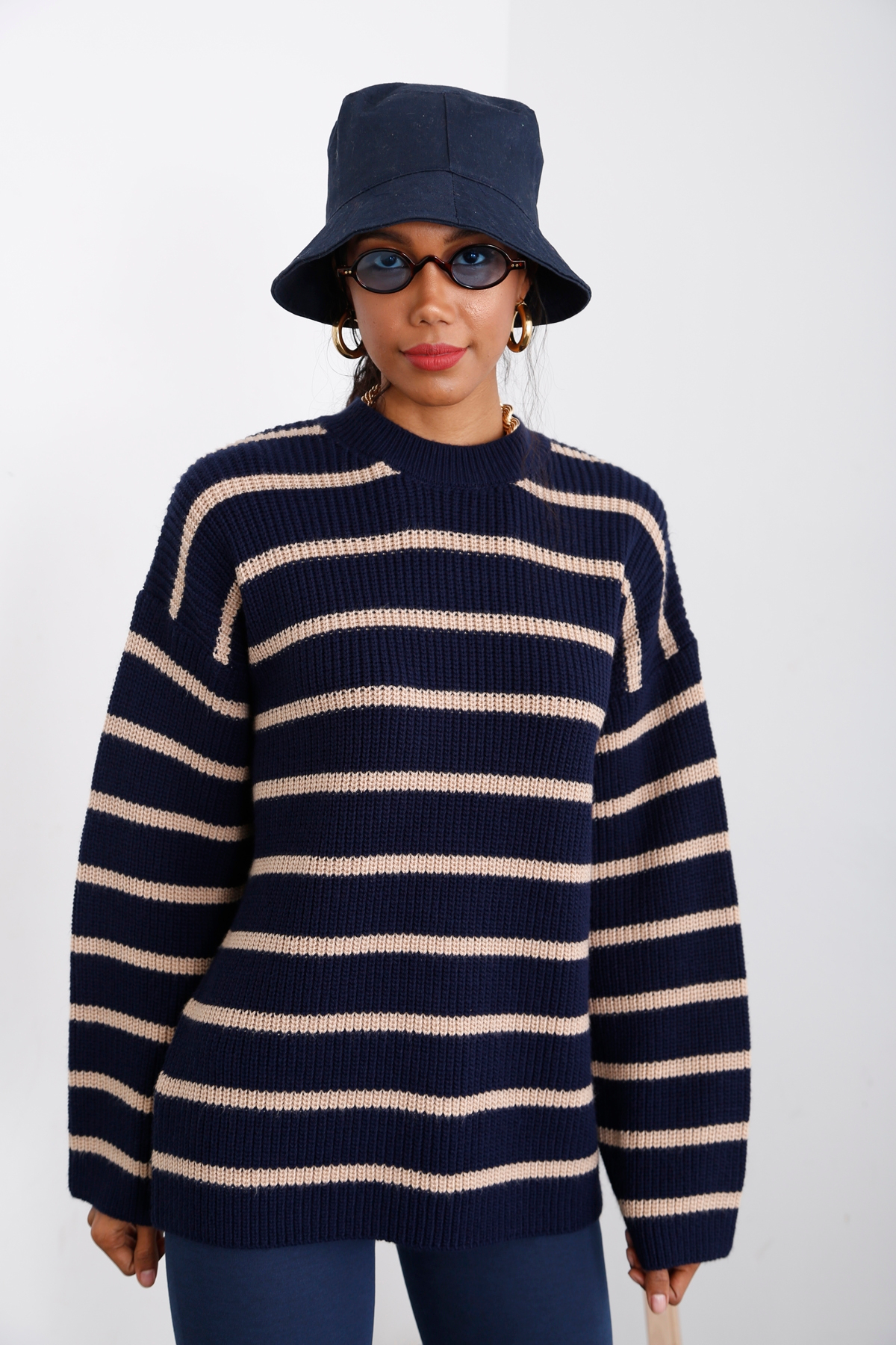Lacivert Çizgili Oversize Kazak 13398