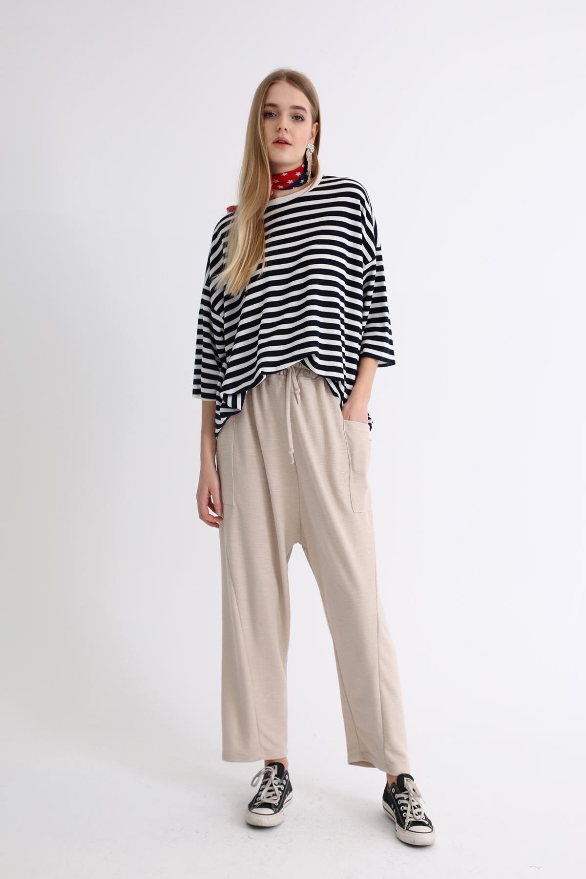 Lacivert Çizgili Oversize Tshirt 1229
