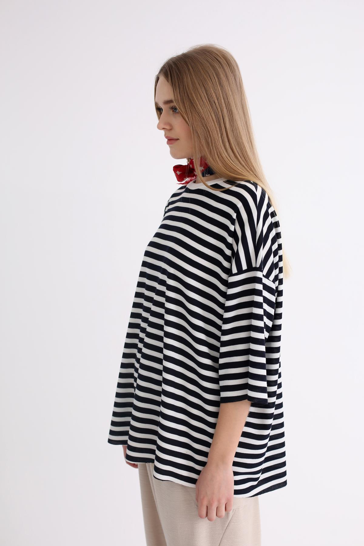 Lacivert Çizgili Oversize Tshirt 1229