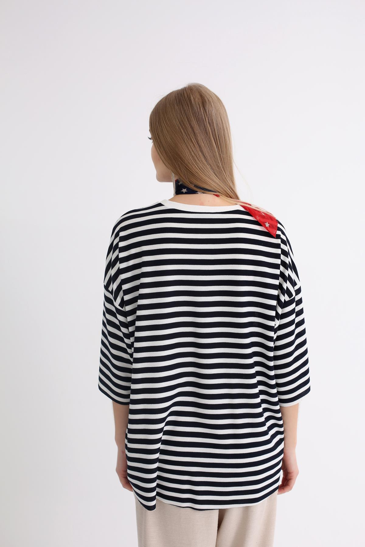 Lacivert Çizgili Oversize Tshirt 1229