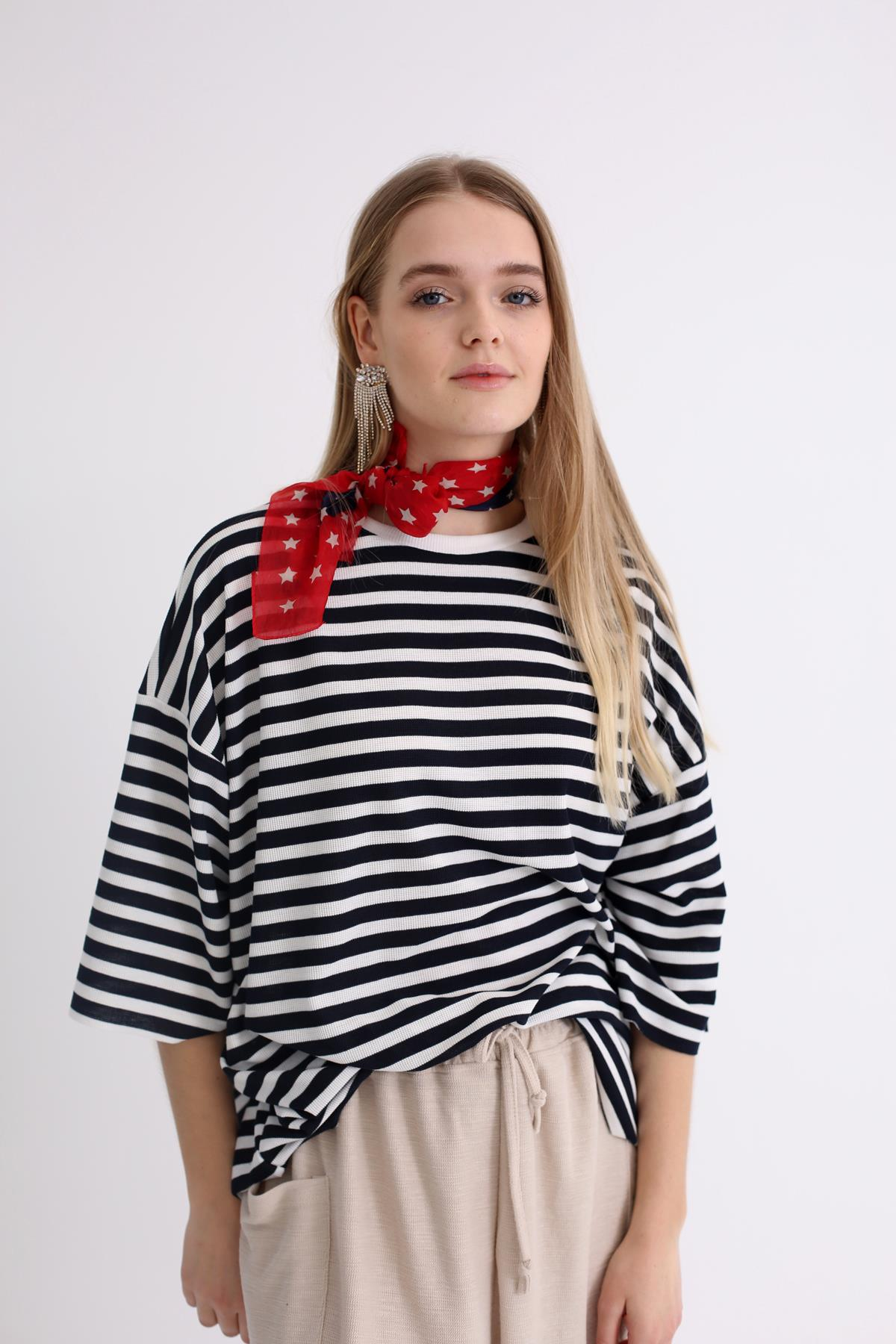 Lacivert Çizgili Oversize Tshirt 1229