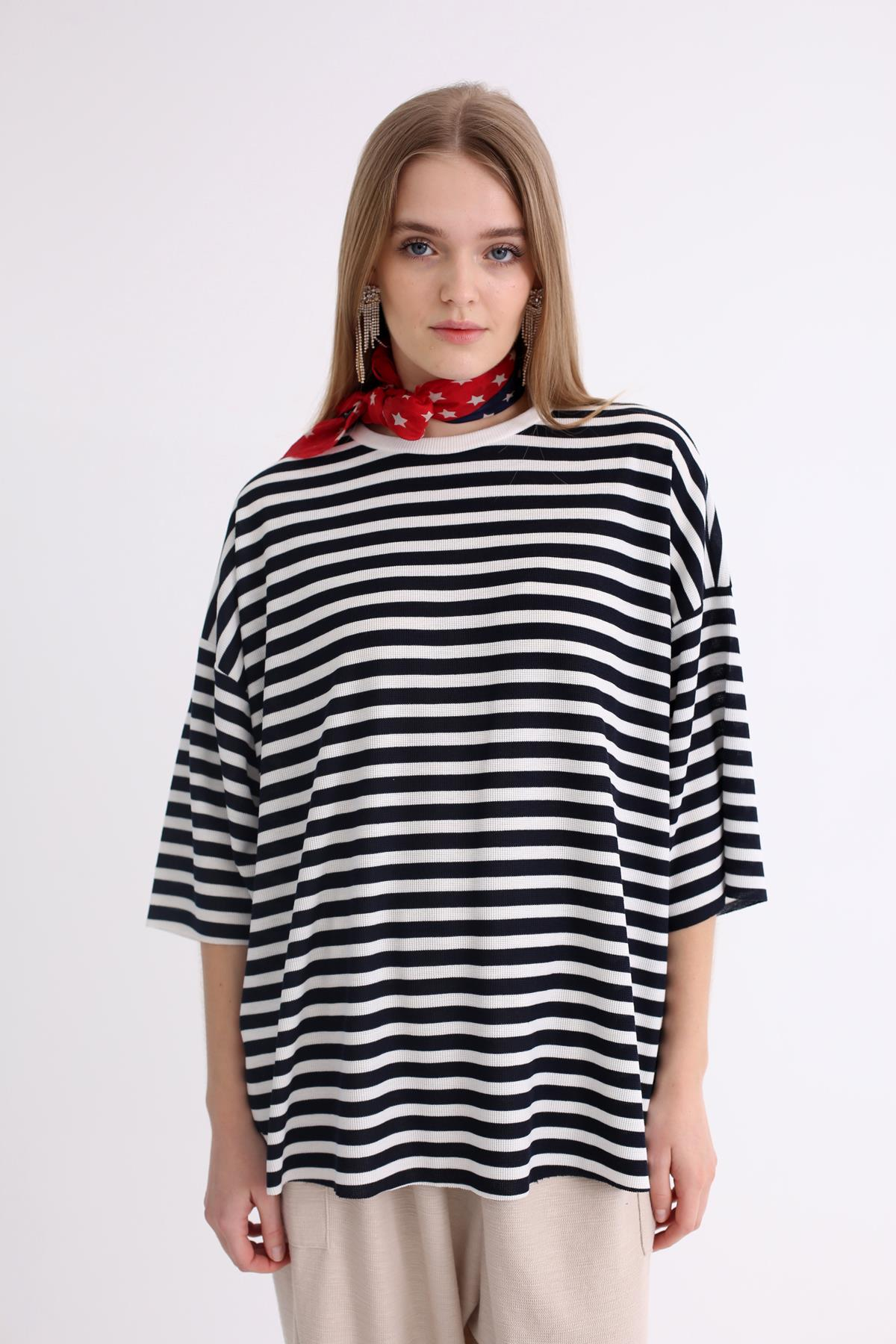 Lacivert Çizgili Oversize Tshirt 1229