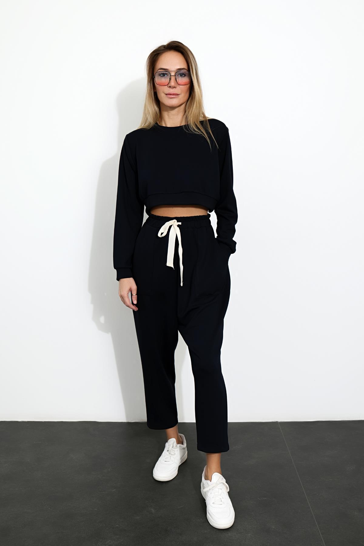Lacivert Crop Sweatshirt Eşofman Takım 1238