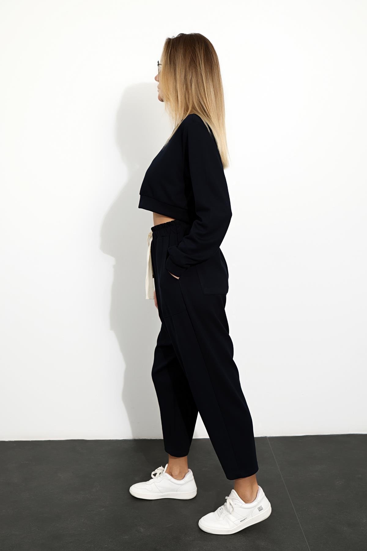 Lacivert Crop Sweatshirt Eşofman Takım 1238