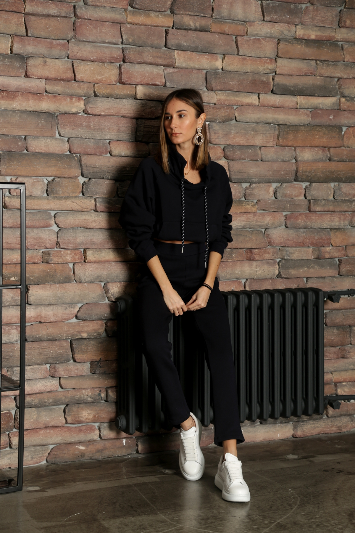 Lacivert Dik Yaka Crop Sweatshirt-9002
