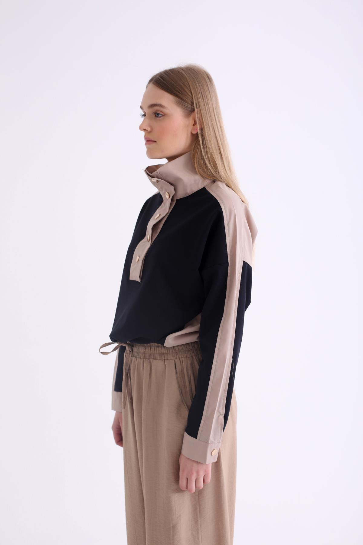 Lacivert Dik Yaka Etek Ucu Büzgülü Sweatshirt 23040