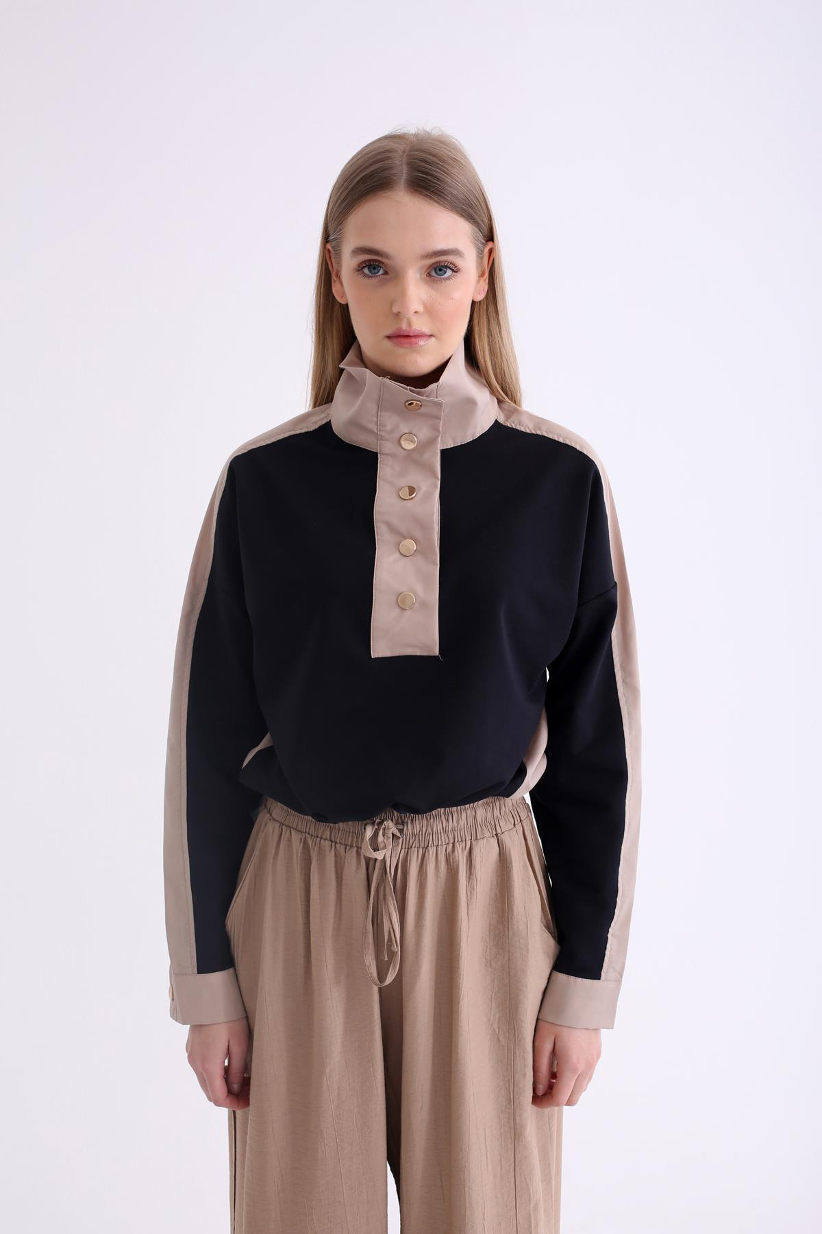 Lacivert Dik Yaka Etek Ucu Büzgülü Sweatshirt 23040