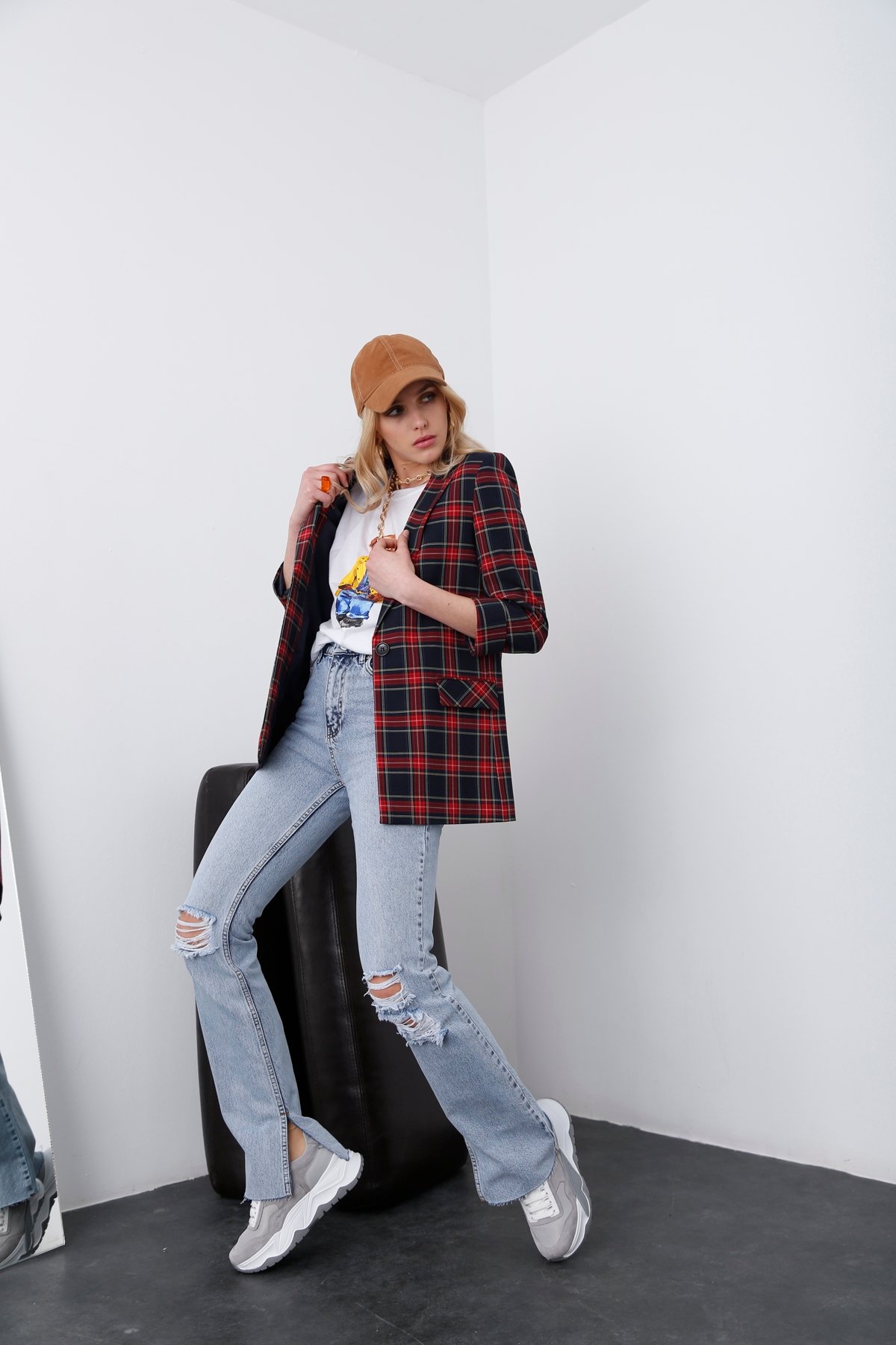 Lacivert Ekoseli Blazer Ceket 4176