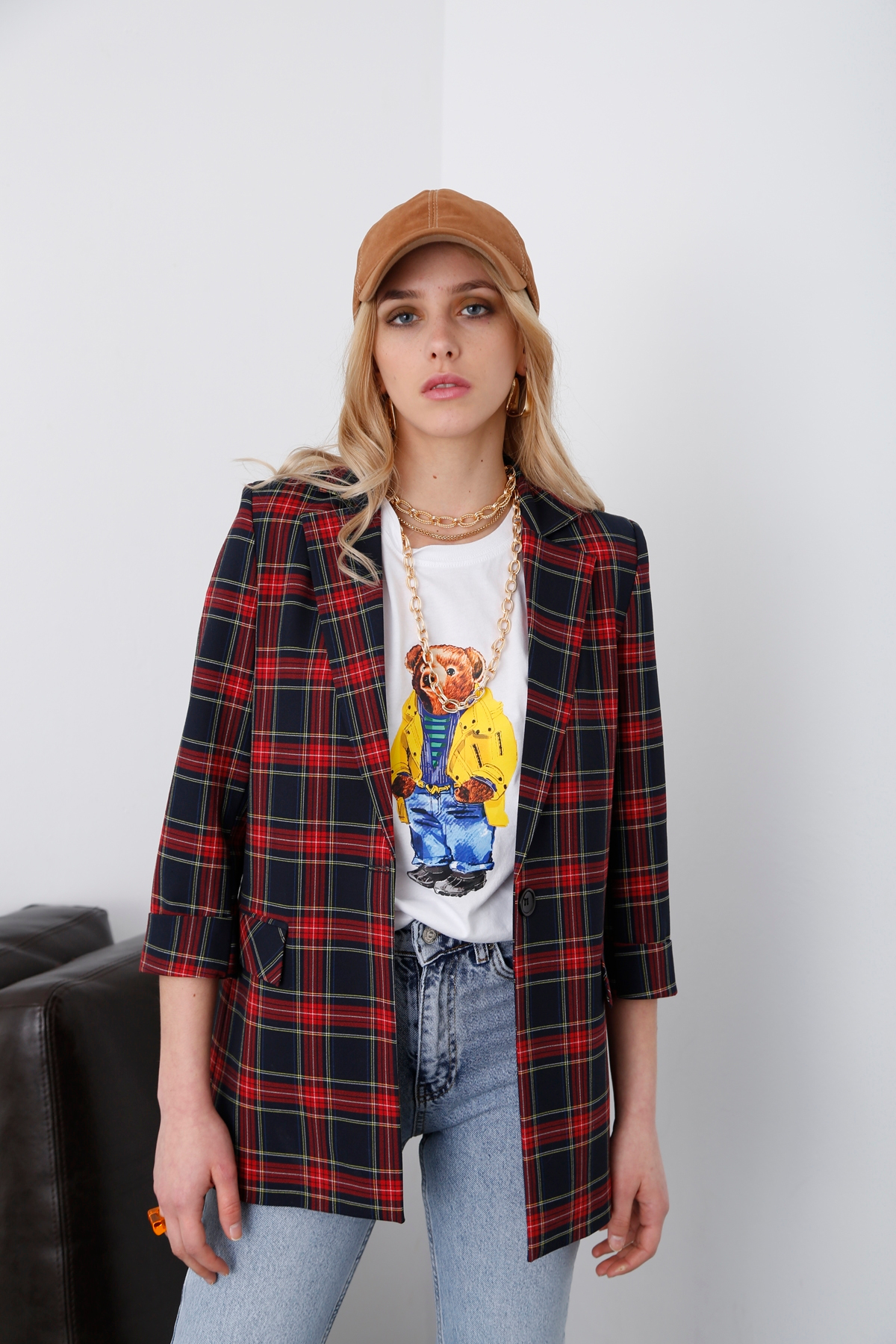 Lacivert Ekoseli Blazer Ceket 4176