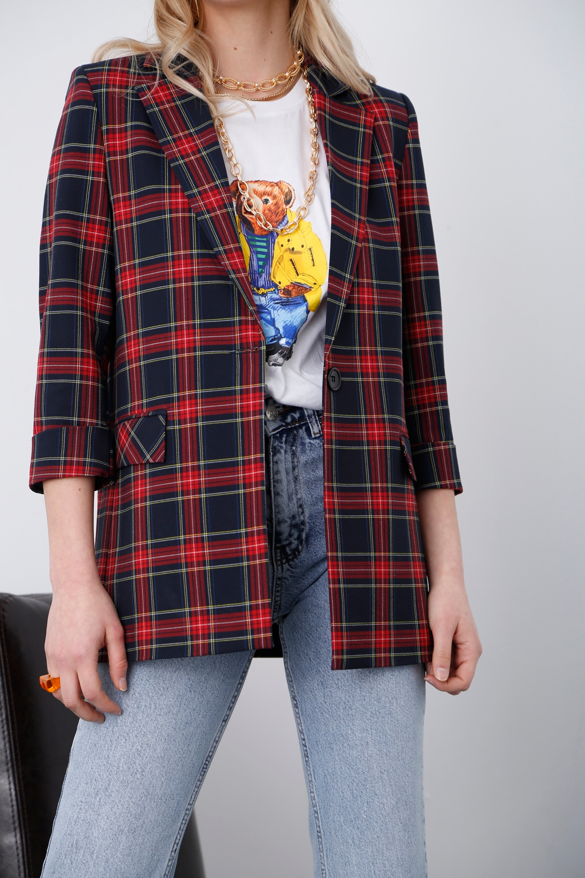 Lacivert Ekoseli Blazer Ceket 4176
