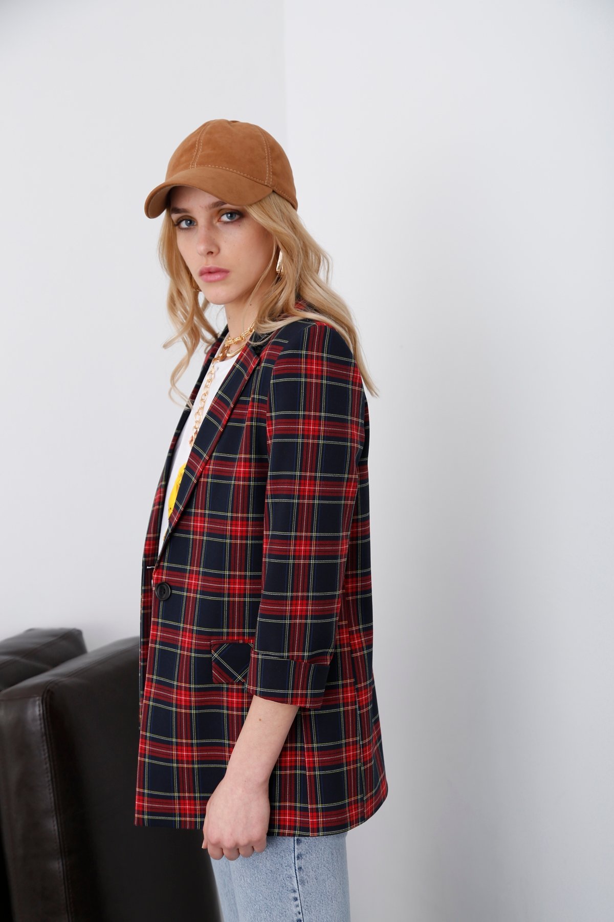 Lacivert Ekoseli Blazer Ceket 4176