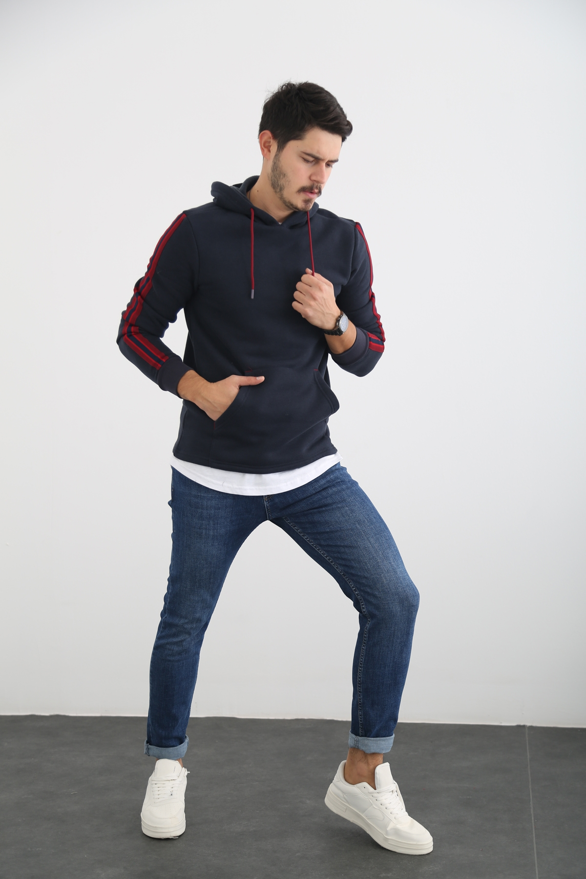 Lacivert Erkek Şerit Detaylı Şardonlu Sweatshirt 2117