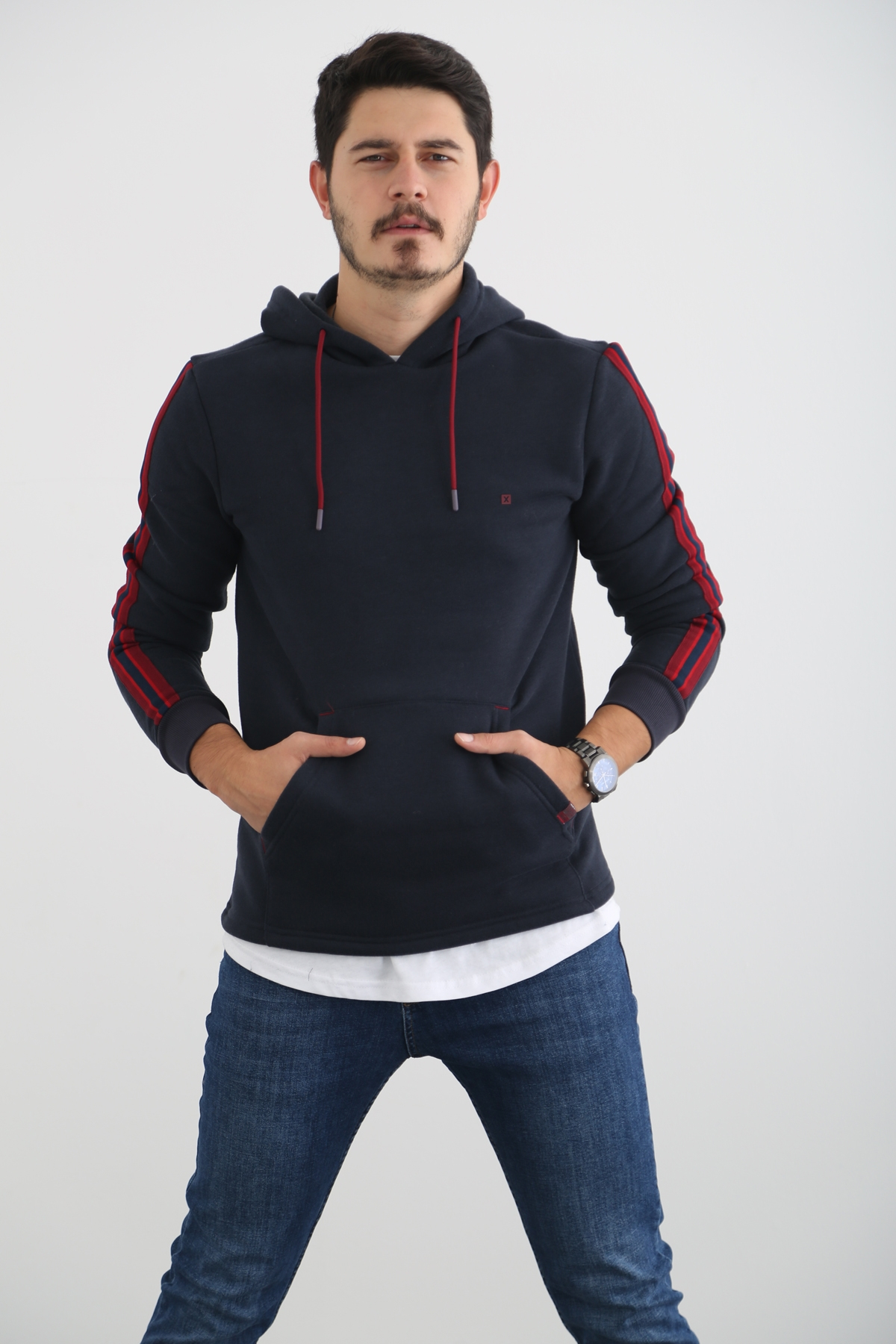 Lacivert Erkek Şerit Detaylı Şardonlu Sweatshirt 2117