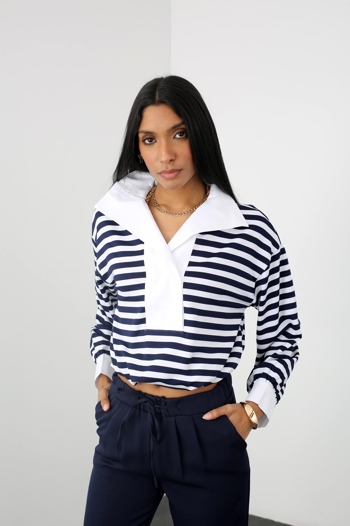 Lacivert Etek Ucu Büzgülü Çizgili Sweatshirt 23056